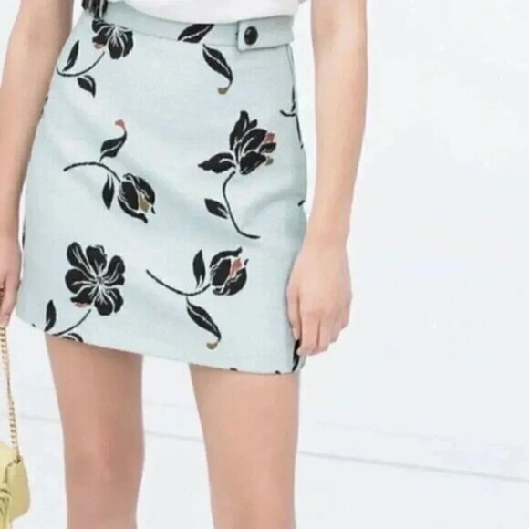 Zara Mini Floral Jacquard Skirt Baby Blue A-Line  Size Small - Picture 2 of 9